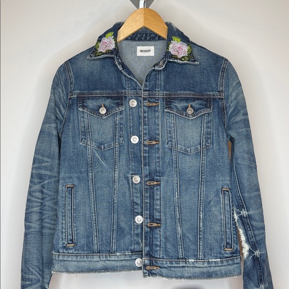 Hudson Distressed the classic rose embroidered denim Jean Jacket size XS - Picture 2 of 12
